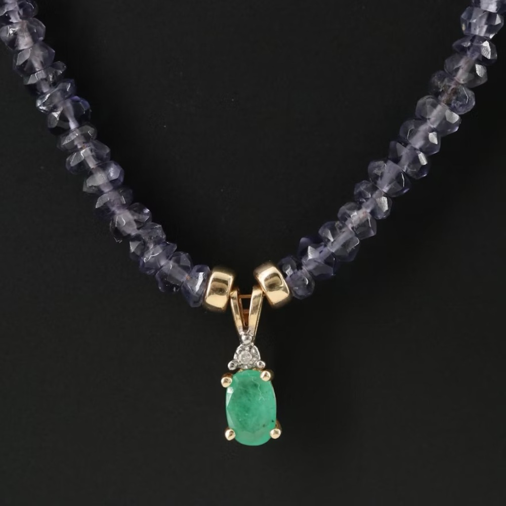 Iolite Necklace with 10K Emerald and Diamond Pendant